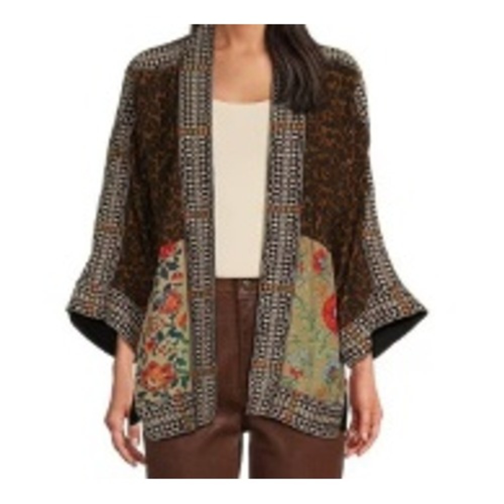 John Mark Patch Print Floral Embroidered Open Front 3/4 Sleeve‎ Kimono Jacket